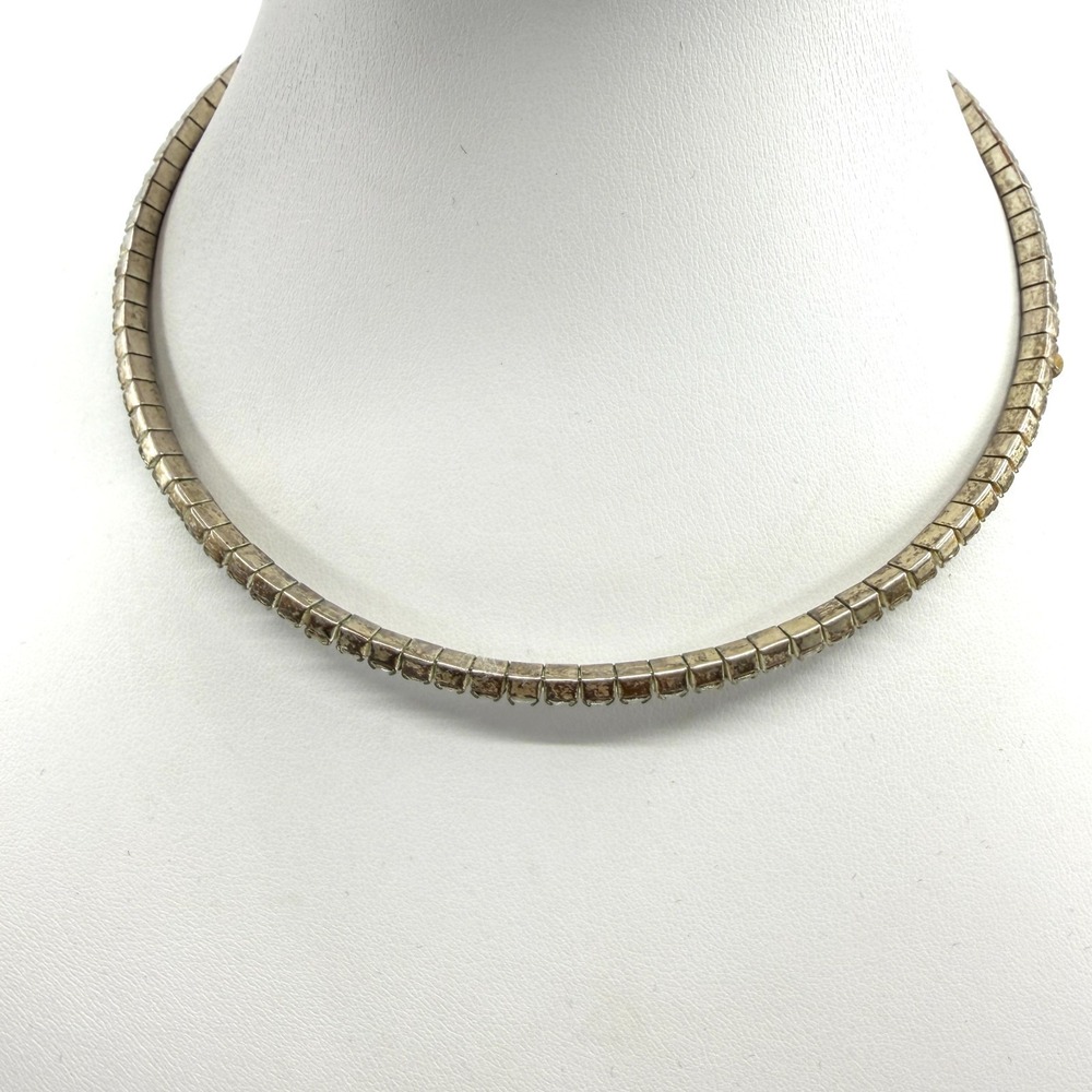 Elegant Silver Tone Square Rhinestone Link Choker Necklace Minimalist Sparkle